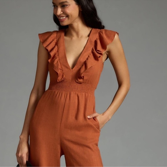 Anthropologie Brown Jumpsuit with Ruffled Sleeves and Wide Legs New Size: US L - Picture 2 of 9